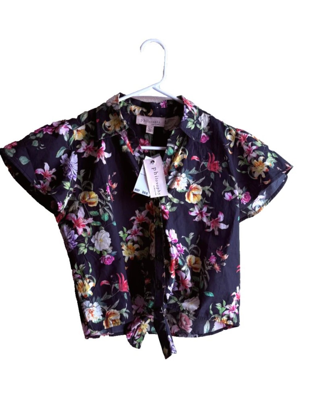 Philosophy Women's Floral Tie-Front Cotton Crop Blouse Black Size XS NWT